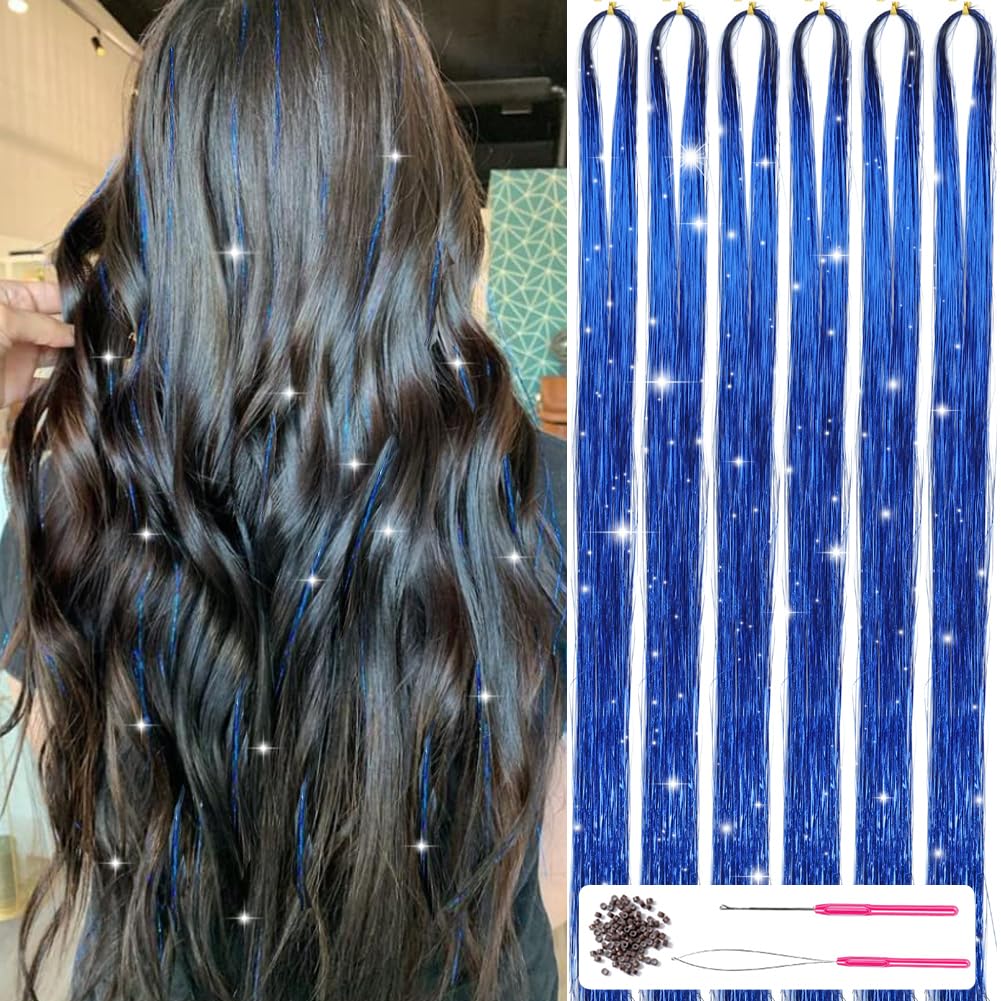 Dunkelbraune Haare mit blauen Glitzersträhnen, Haarverlängerung, Party-Accessoire.