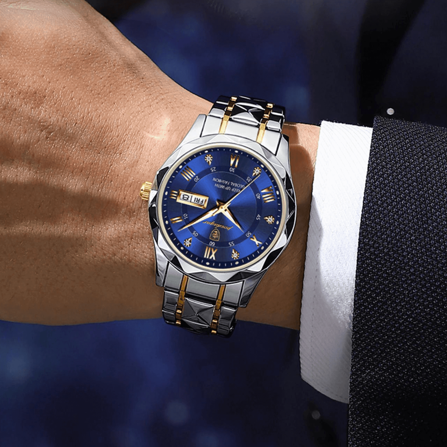 Luxus-Herrenuhr mit blauem Zifferblatt, Edelstahlarmband, goldenen Akzenten, Datumsanzeige.