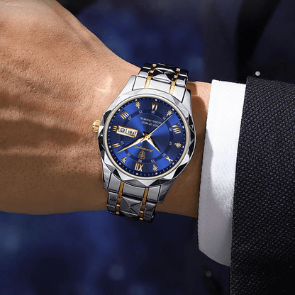 Luxus-Herrenuhr mit blauem Zifferblatt, Edelstahlarmband, goldenen Akzenten, Datumsanzeige.