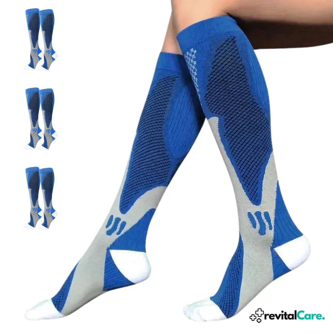 Blaue Kompressionsstrümpfe für Sport, Unisex, atmungsaktiv, kniehoch, 4er-Pack.