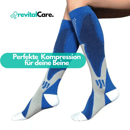 Blaue Kompressionsstrümpfe für Sport, Unisex, atmungsaktiv, kniehoch, RevitalCare.