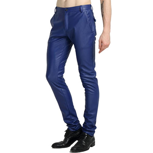 Blaue Lederhose für Herren, schmal geschnitten, modisch, elegant, ideal für Partys.