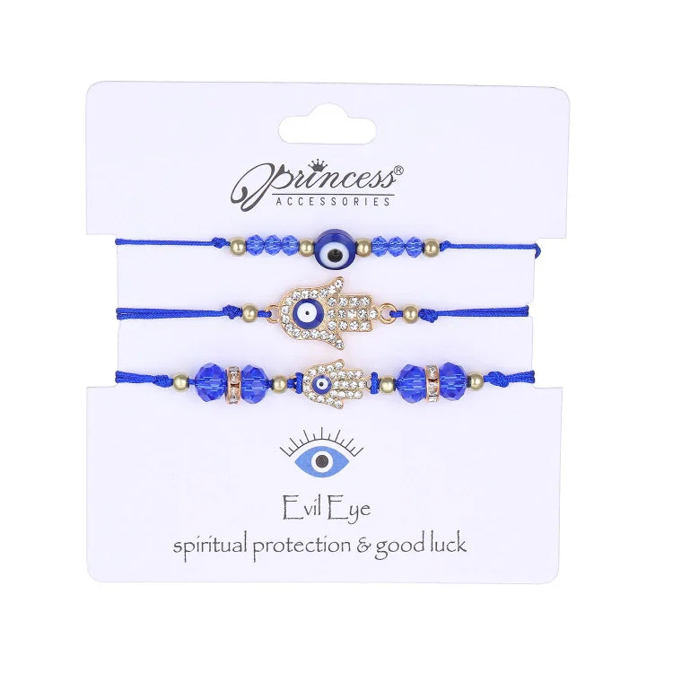 Drei blaue Armbänder mit Hamsa und Nazar-Amulett, Schmuck für spirituellen Schutz und Glück.