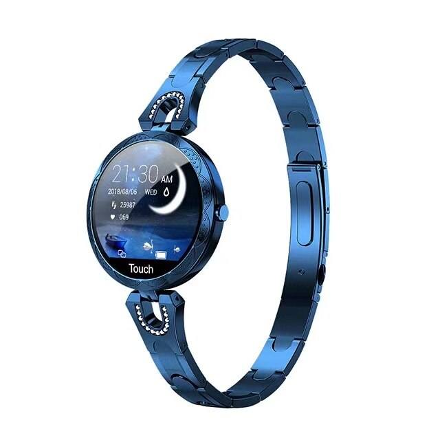 Blaue Smartwatch mit rundem Display, Fitness-Tracker, Metallarmband, Touchscreen, Damen-Uhr.