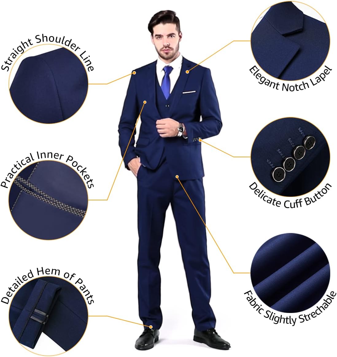 Eleganter dunkelblauer Herrenanzug mit Weste, Notch-Revers und Knopfdetails.