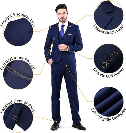 Eleganter dunkelblauer Herrenanzug mit Weste, Notch-Revers und Knopfdetails.