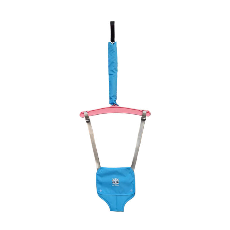 Blauer Baby-Türhopser mit pinkem Griff, verstellbare Gurte, sicherer Spielspaß für Kleinkinder.