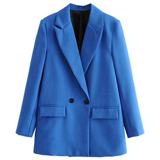 Blauer Damenblazer, zweireihig, elegant, modisch, Büro-Outfit, Herbstmode, Polyester.