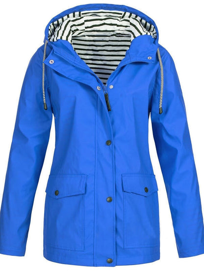 Blaue Damen-Trenchcoat mit Kapuze, lange Ärmel, gestreiftes Innenfutter, Herbstmode 2023.