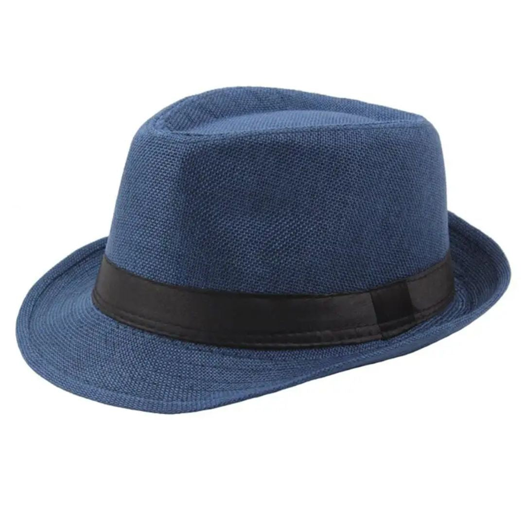 Blauer Fedora-Hut aus Stoff mit schwarzem Band, stilvoller Herrenmode-Accessoire.