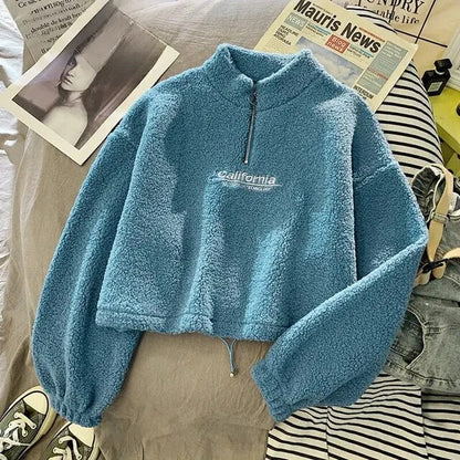 Blauer Fleece-Pullover mit Reißverschluss, "California"-Aufdruck, lässig, warm, Damenmode.