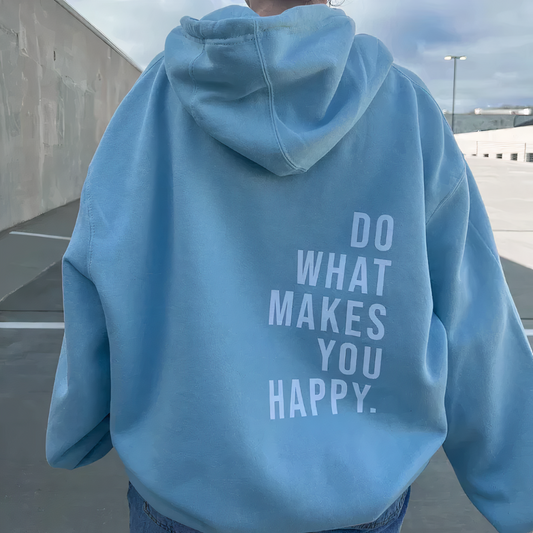 Blaue Kapuzenjacke mit Aufdruck "Do What Makes You Happy", lässige Freizeitmode.