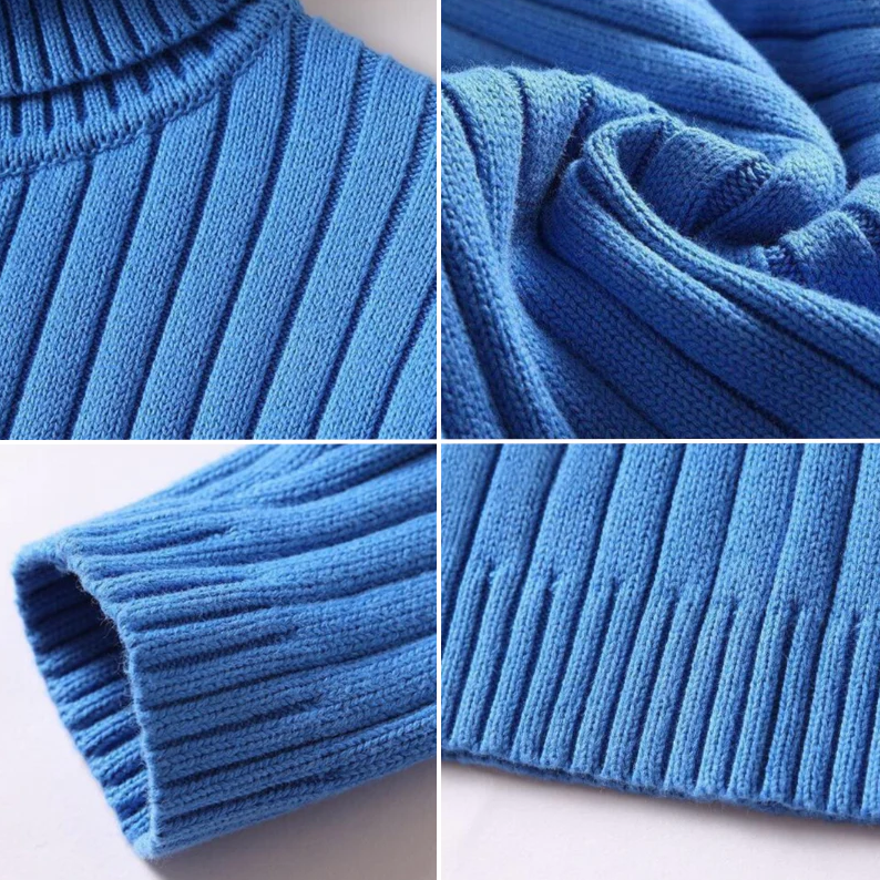 Blauer Strickpullover, geripptes Design, Nahaufnahme, weiches Material, modisch, warm.