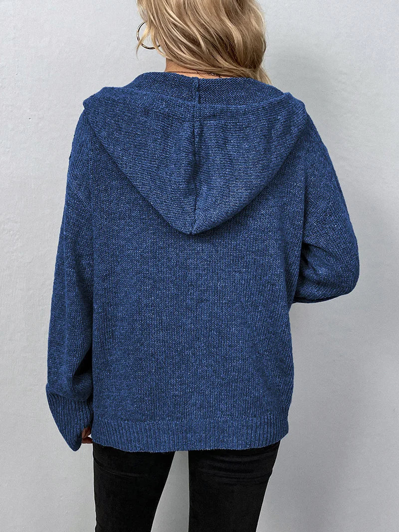Damen Strickjacke mit Kapuze, blau, lässig, weiches Material, Herbstmode, Rückansicht