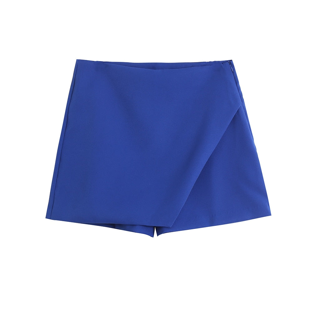 Blaue Damen-Shorts, elegant, knielang, Sommermode, Freizeitkleidung, Polyester.