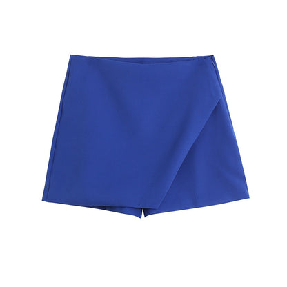 Blauer Damenrock, Minirock, asymmetrisch, elegant, Sommermode, Freizeitkleidung, Polyester.