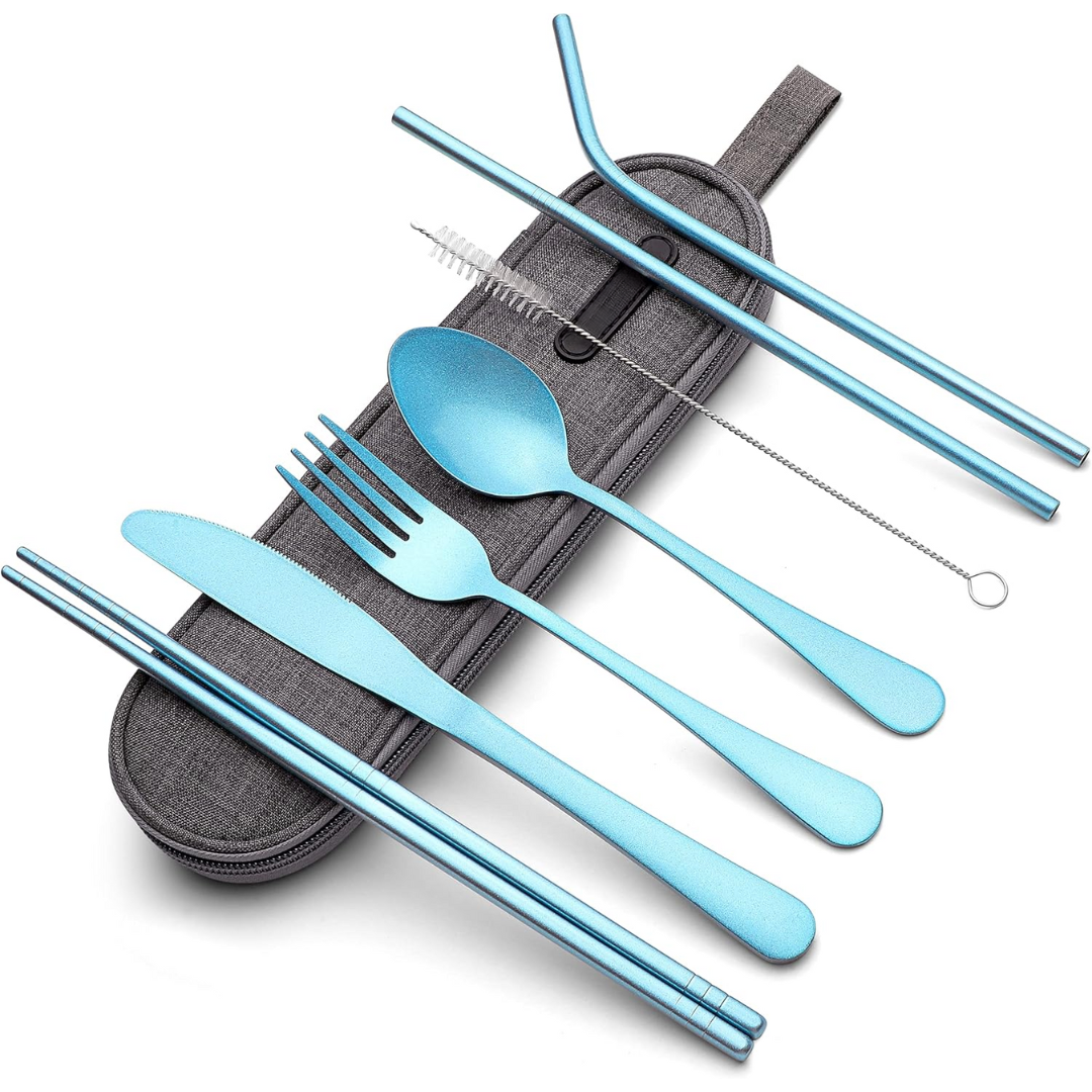 Blaues Edelstahl-Besteckset mit Etui, umweltfreundlich, wiederverwendbar, tragbar.