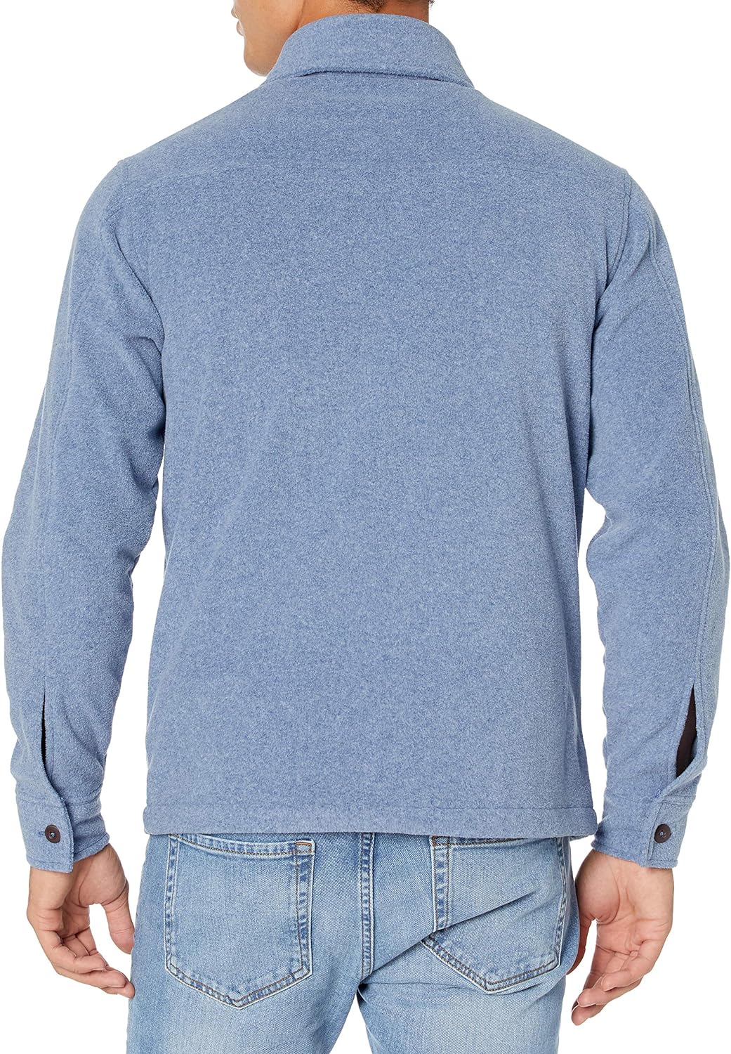 Mann in blauer Jeansjacke von hinten, Langarm, Freizeitkleidung, Herrenmode.