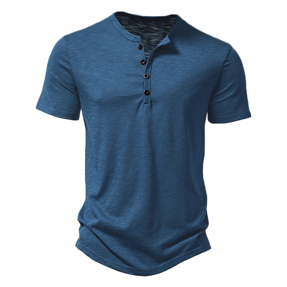 Blaues Herren-T-Shirt mit Knopfleiste, Kurzarm, Baumwolle, modisch, bequem, Freizeitkleidung.