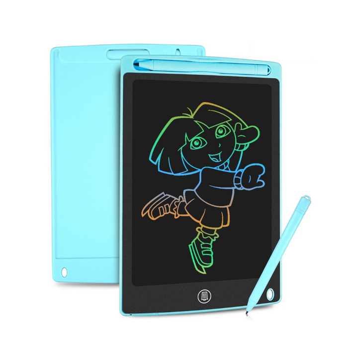 Blaues LCD-Schreibtablett mit Stift, bunte Zeichnung, ideal für Kinder, umweltfreundlich.
