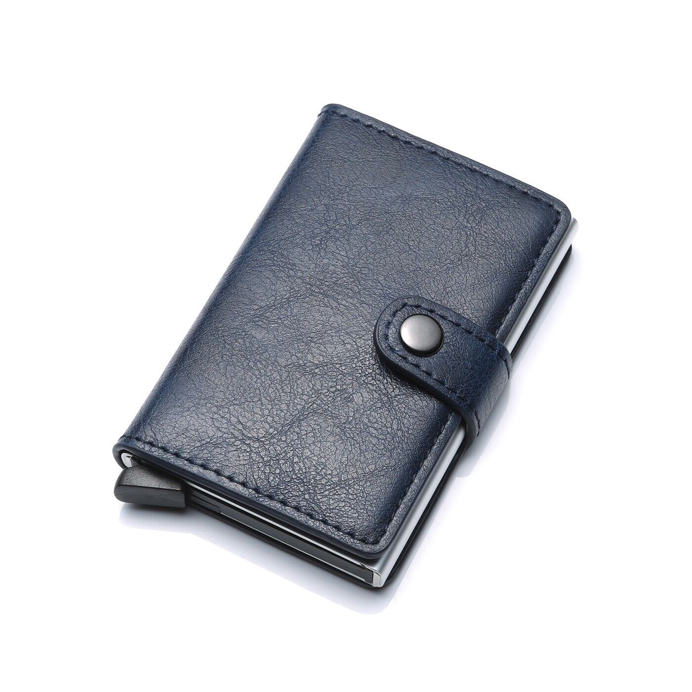 Blaue Leder-Geldbörse mit Druckknopf, kompakt, stilvoll, für Herren und Damen.