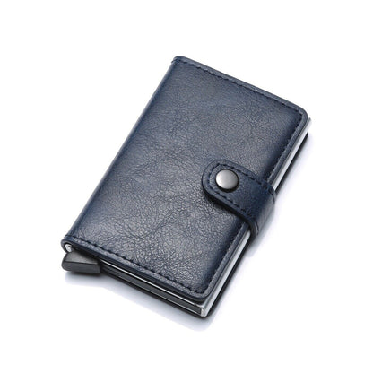 Blaue Leder-Geldbörse mit Druckknopf, kompakt, stilvoll, für Herren und Damen.