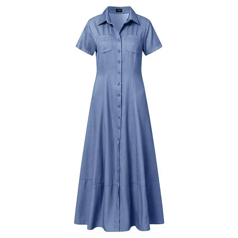 Blaues Maxikleid aus Baumwolle mit Knopfleiste und kurzen Ärmeln, elegantes Sommerkleid.