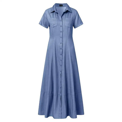 Blaues Maxikleid aus Baumwolle mit Knopfleiste und kurzen Ärmeln, elegantes Sommerkleid.