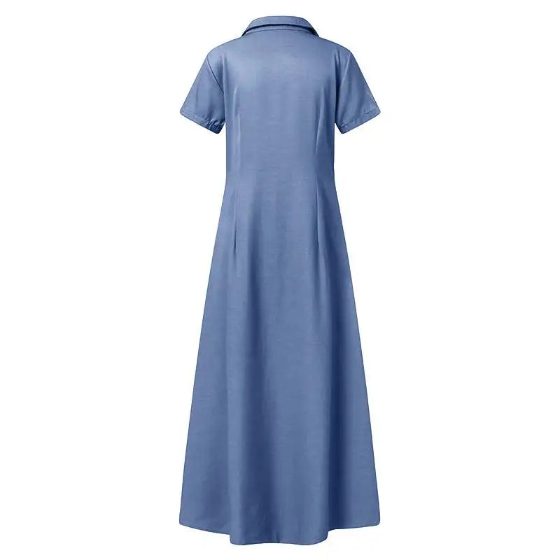 Blaues Damen-Maxikleid mit Kragen, kurzärmelig, elegantes Design, Sommermode.