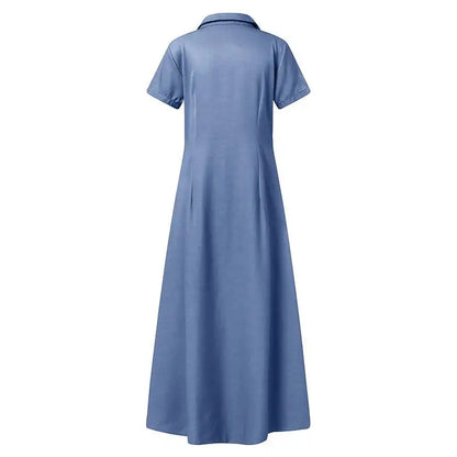 Blaues Damen-Maxikleid mit Kragen, kurzärmelig, elegantes Design, Sommermode.
