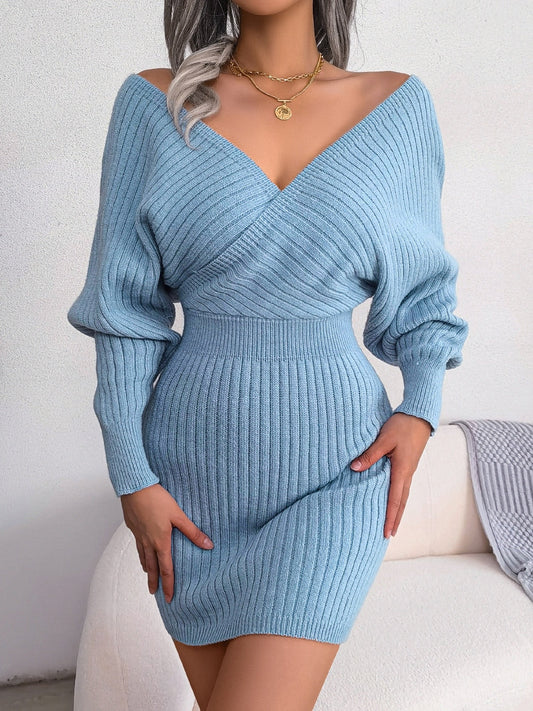 Damen Strickkleid Blau, V-Ausschnitt, Langarm, Rippstrick, Elegante Mode, Herbst Winter.