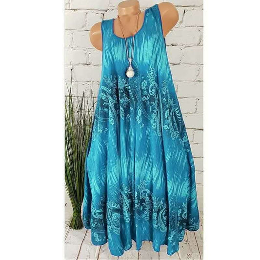 Ärmelloses blaues Sommerkleid mit Paisley-Muster, Damenmode, lässig, leicht, Baumwolle.