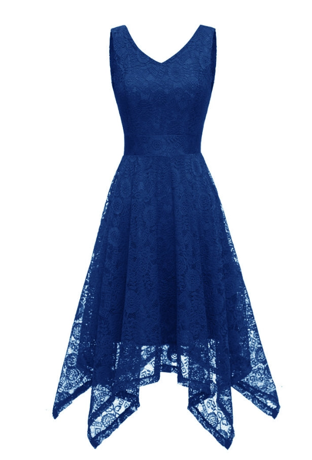 Blaues Spitzenkleid Damen, ärmellos, V-Ausschnitt, asymmetrischer Saum, elegant, Abendmode