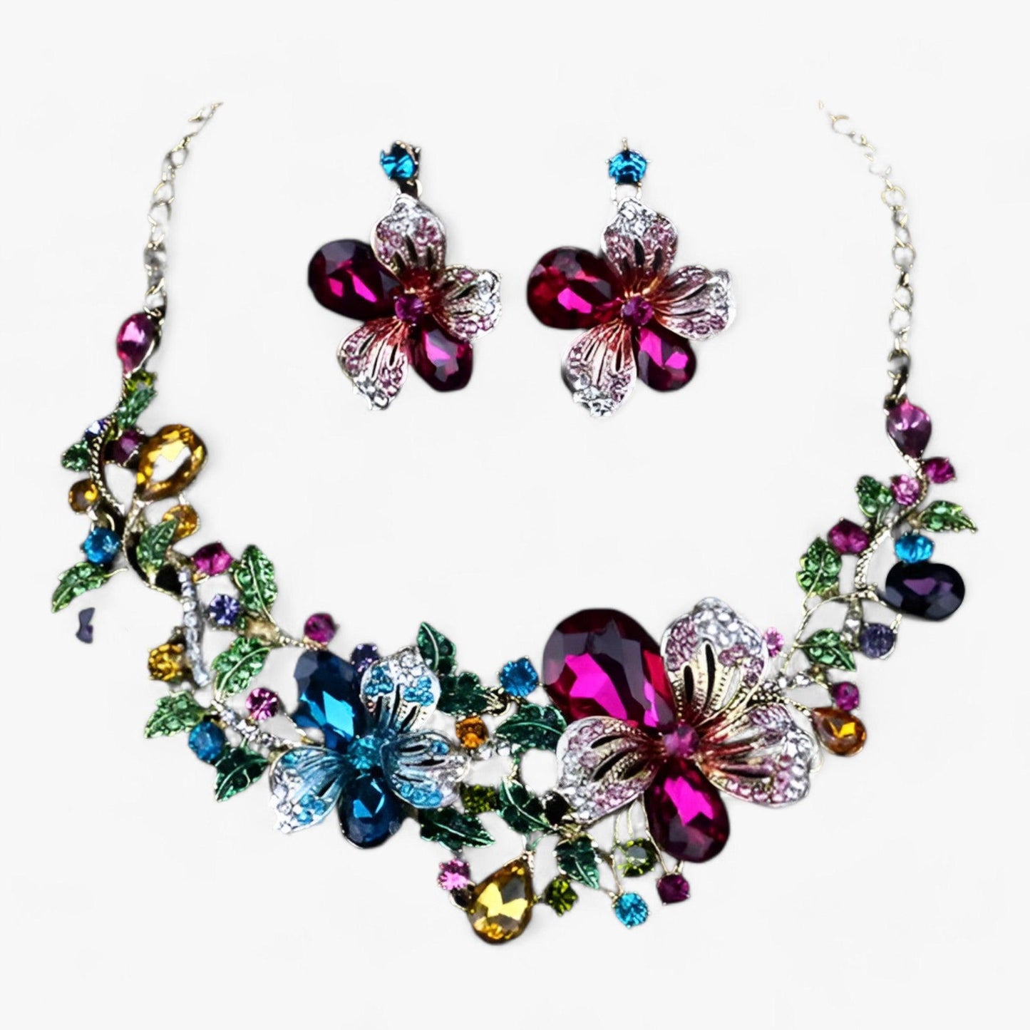 Buntes Blumen-Schmuckset mit Halskette und Ohrringen, Kristallsteine, modisches Accessoire.