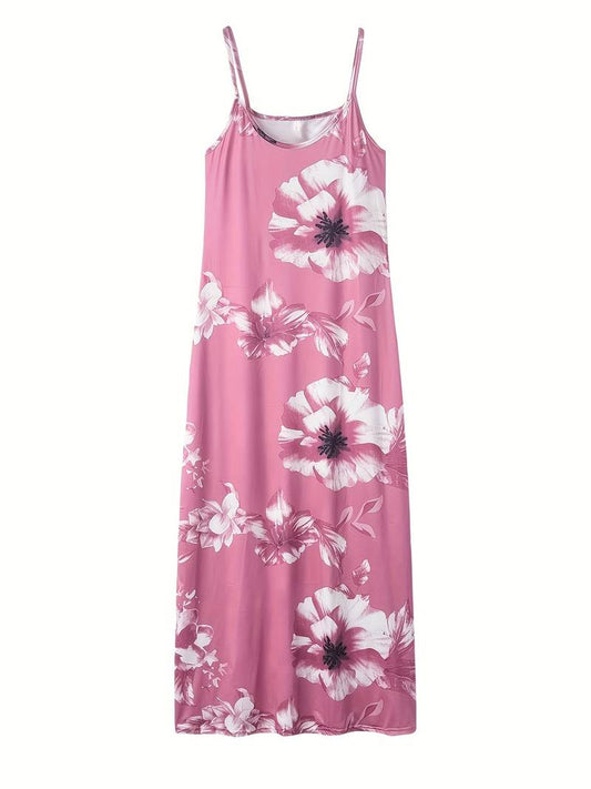 Rosa Maxikleid mit weißen Blumen, ärmellos, Sommermode, Damenbekleidung, elegant.