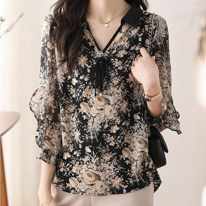 Damenbluse mit Blumenmuster, schwarz-beige, Chiffon, V-Ausschnitt, elegant, langärmlig.