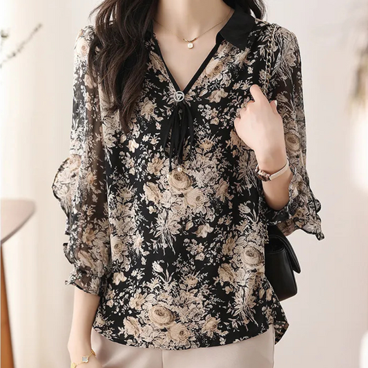 Damenbluse mit Blumenmuster, schwarz-beige, Chiffon, V-Ausschnitt, elegant, langärmlig.