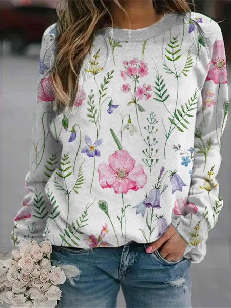 Damenpullover mit Blumenmuster, weiß, langärmelig, lässig, Baumwolle, modisch, bequem