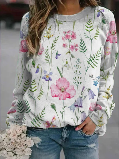 Damenpullover mit Blumenmuster, weiß, langärmelig, lässig, Baumwolle, modisch, bequem