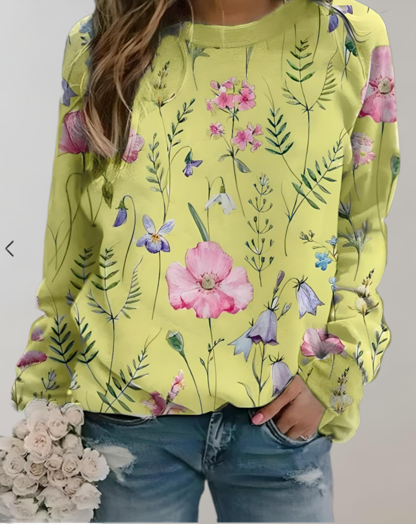 Damenpullover gelb mit Blumenmuster, langärmelig, lässig, Baumwolle, modisch, Frühling.