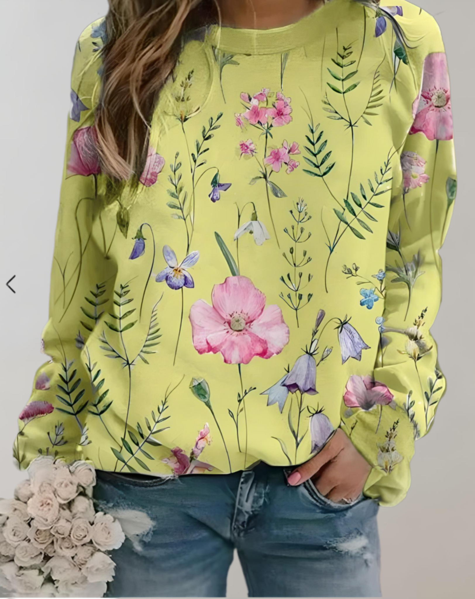 Damenpullover gelb mit Blumenmuster, langärmelig, lässig, Baumwolle, modisch, Frühling.