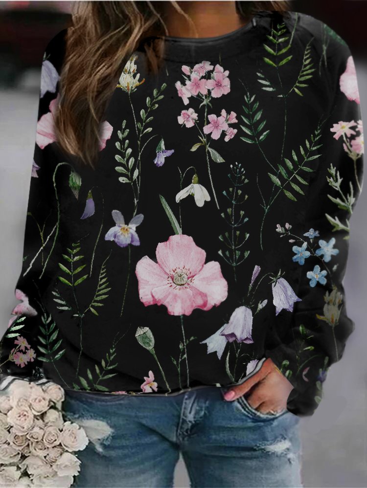 Damenpullover mit Blumenmuster, schwarz, langärmelig, lässig, Baumwolle, modisch.