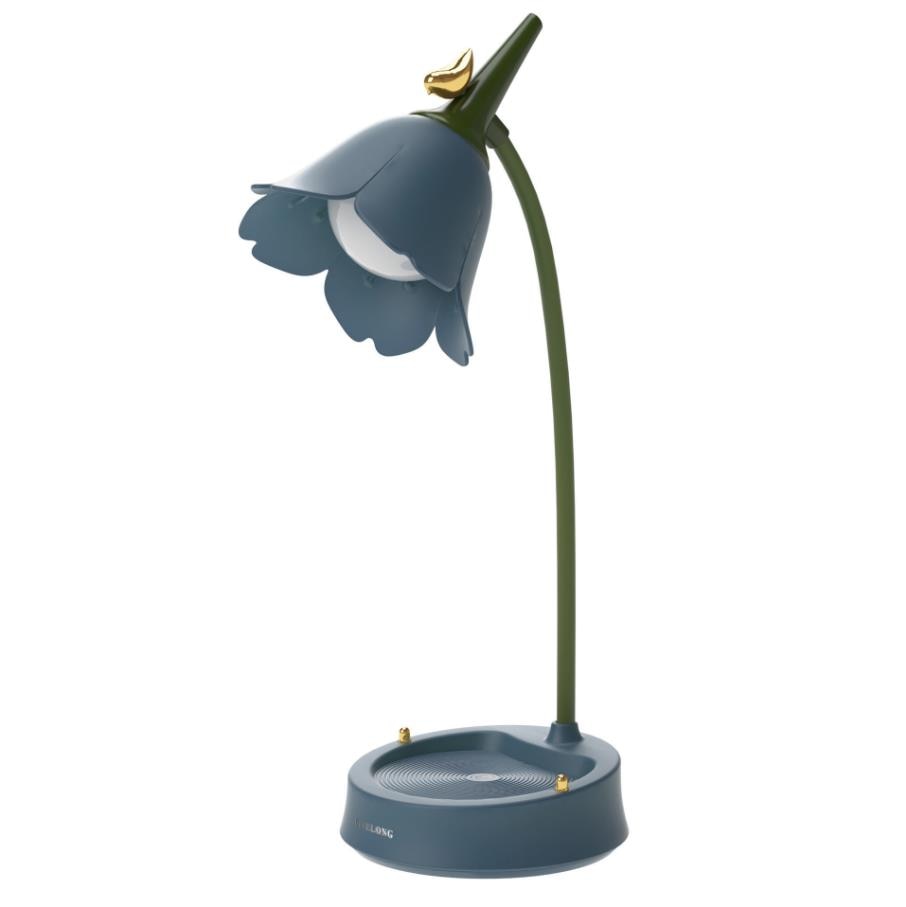 Blaue Blüten-Tischlampe mit grünem Stiel und goldener Vogel-Dekoration, modernes Design.