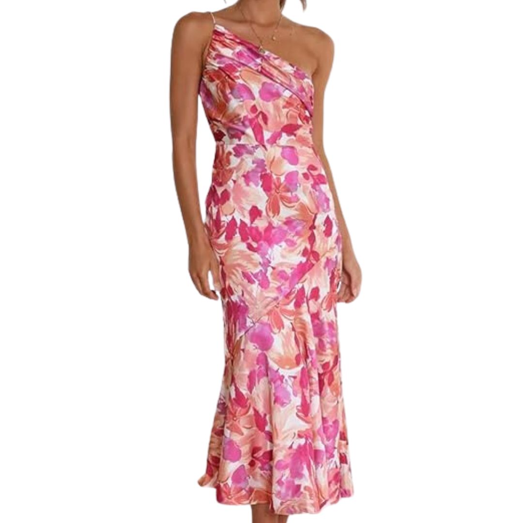 Damen-Etuikleid, rosa Blumenmuster, schulterfrei, Sommermode, elegantes Design