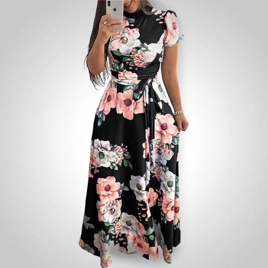 Damen Maxikleid mit Blumenmuster, schwarz, kurzärmelig, elegantes Design, Sommermode.