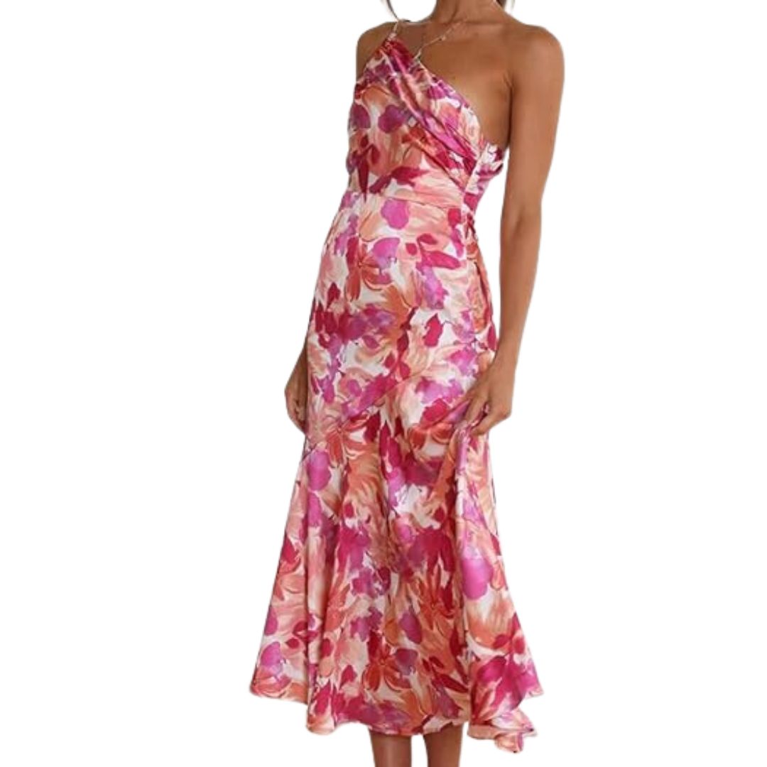 Schulterfreies Kleid, rosa Blumenmuster, Damenmode, Sommerkleid, elegant, knielang