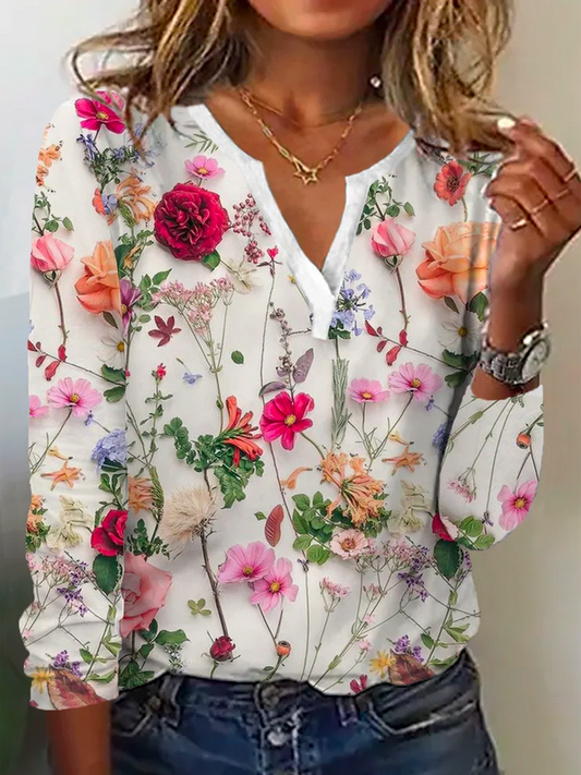 Damenbluse mit Blumenmuster, langärmelig, weiß, lässig, modisch, Frühling, Baumwolle.