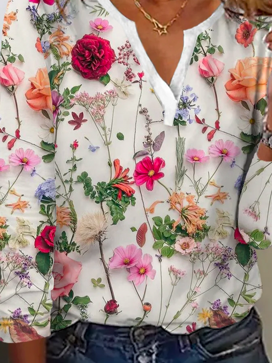 Damenbluse mit Blumenmuster, weiß, V-Ausschnitt, langärmlig, lässig, modisch, Baumwolle.