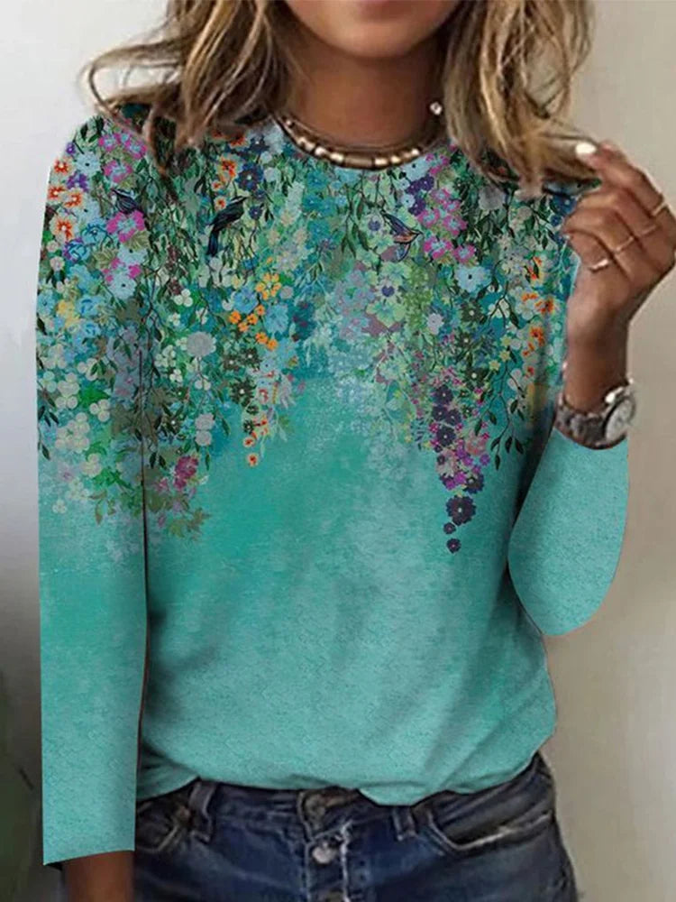 Damenpullover mit Blumenmuster, türkis, langärmelig, lässig, modisch, Baumwolle.