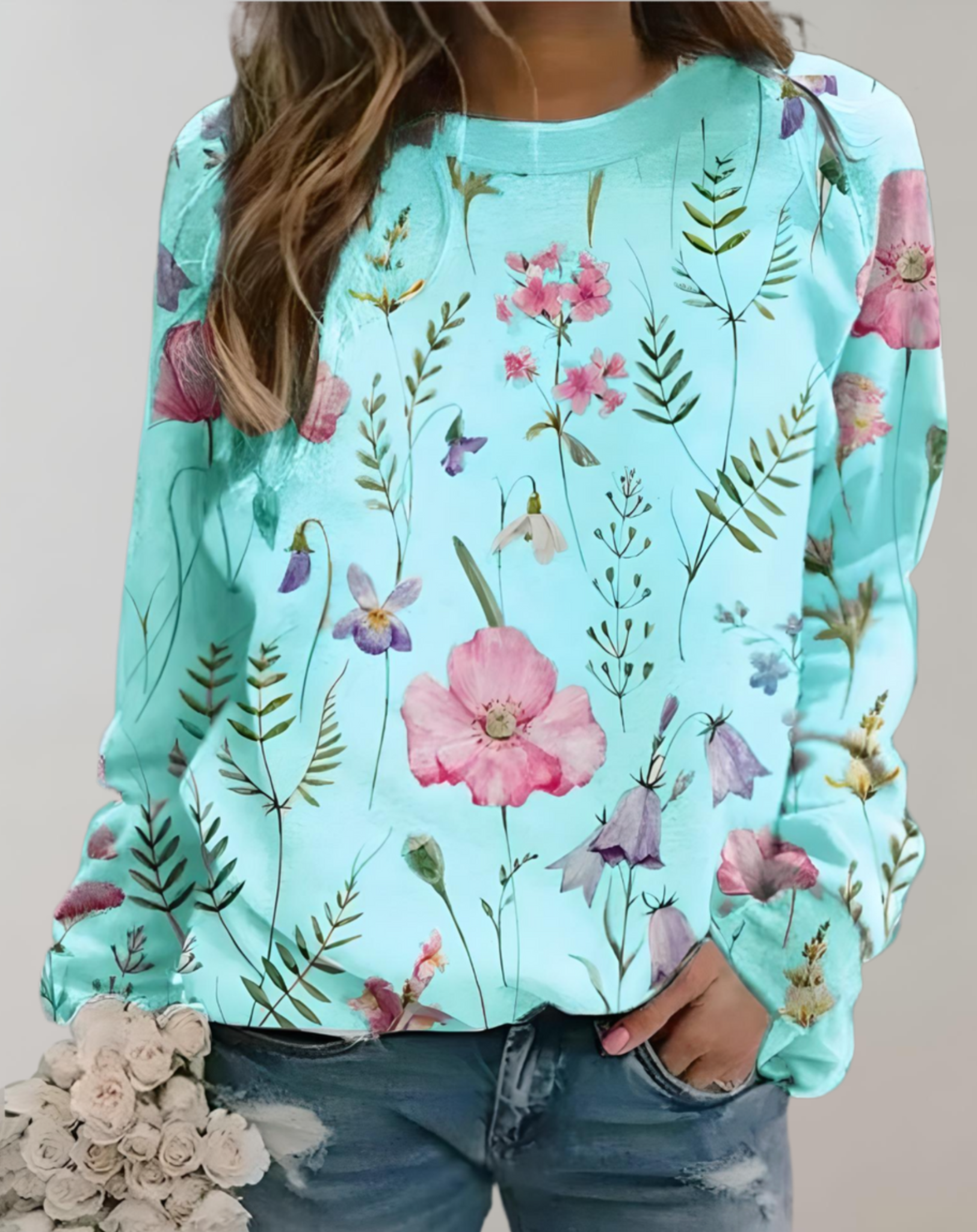 Damenpullover mit Blumenmuster, hellblau, langärmelig, Freizeitmode, Baumwolle.